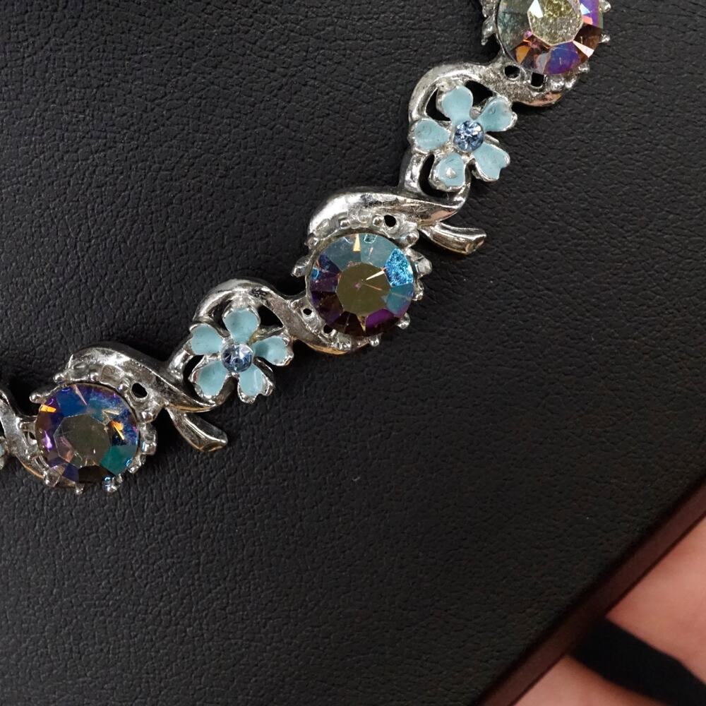 Vintage AB Rhinestone Flower Necklace Blue Enamel Silver Tone Adjustable - Picture 7 of 7